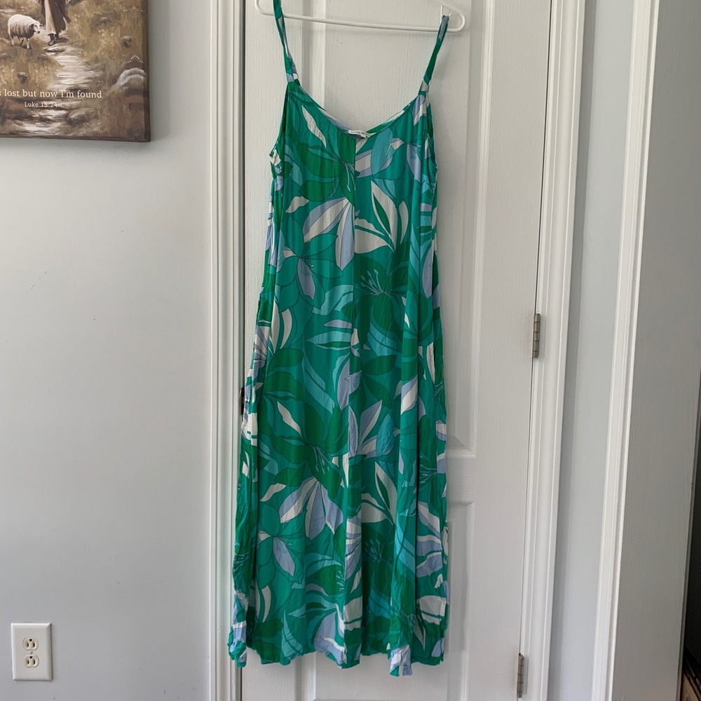 Label of Love Green Tropical Leaf Print Rayon Maxi Dress Womens L Sleeveless